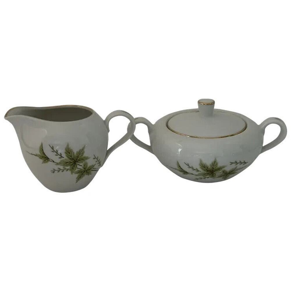 FINE CHINA OF JAPAN, Creamer & Sugar Bowl w/Lid, White with Pink, Green & Brown